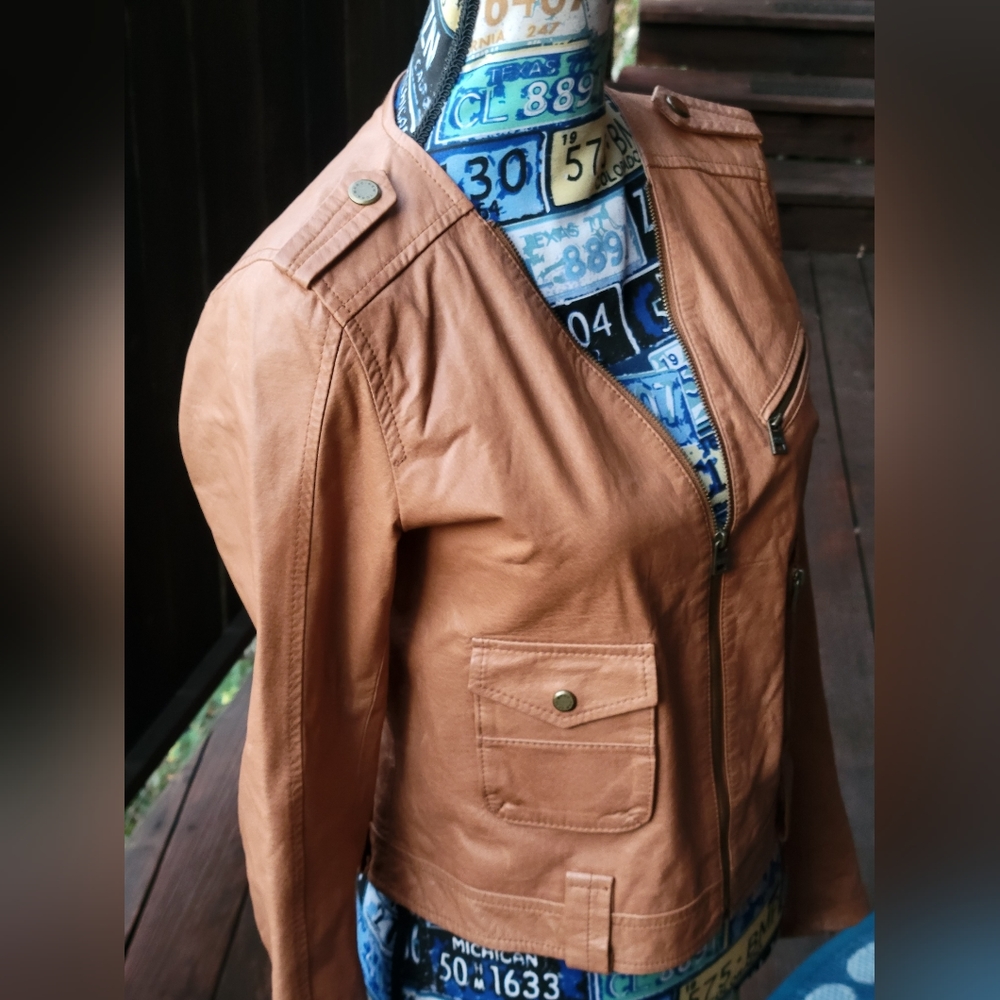 Marc New York Andrew Marc Genuine Tan Leather Moto- Jacket Coat Size Small - Picture 2 of 8